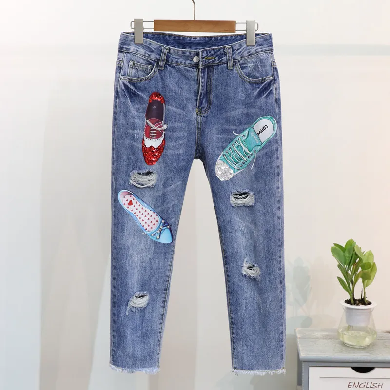 Amolapha для женщин 3D цветок мультфильм шаблон Бисероплетение блестками Промытые рваные Mid укороченные джинсы Deinm джинсовые брюки - Цвет: 5