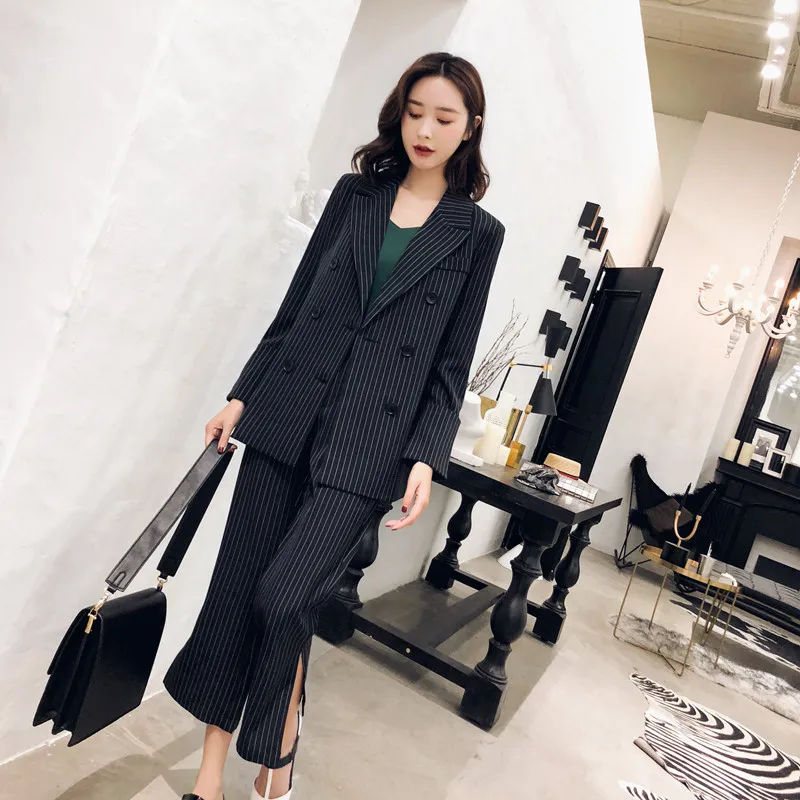2018 Новый корейский Повседневный полосатый маленький костюм куртка девять расклешенные Штаны модный костюм два комплекта женского