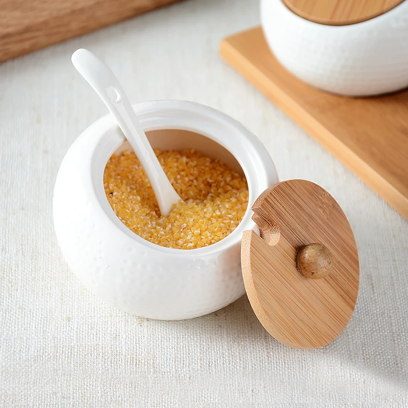 Ceramic Seasoning Pot With Wooden Tray| Tableware Accessories