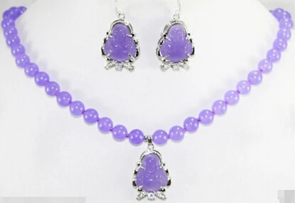 

hot sell Jewelry 10mm Purple Jade Necklace Buddha Pendant Earrings Set