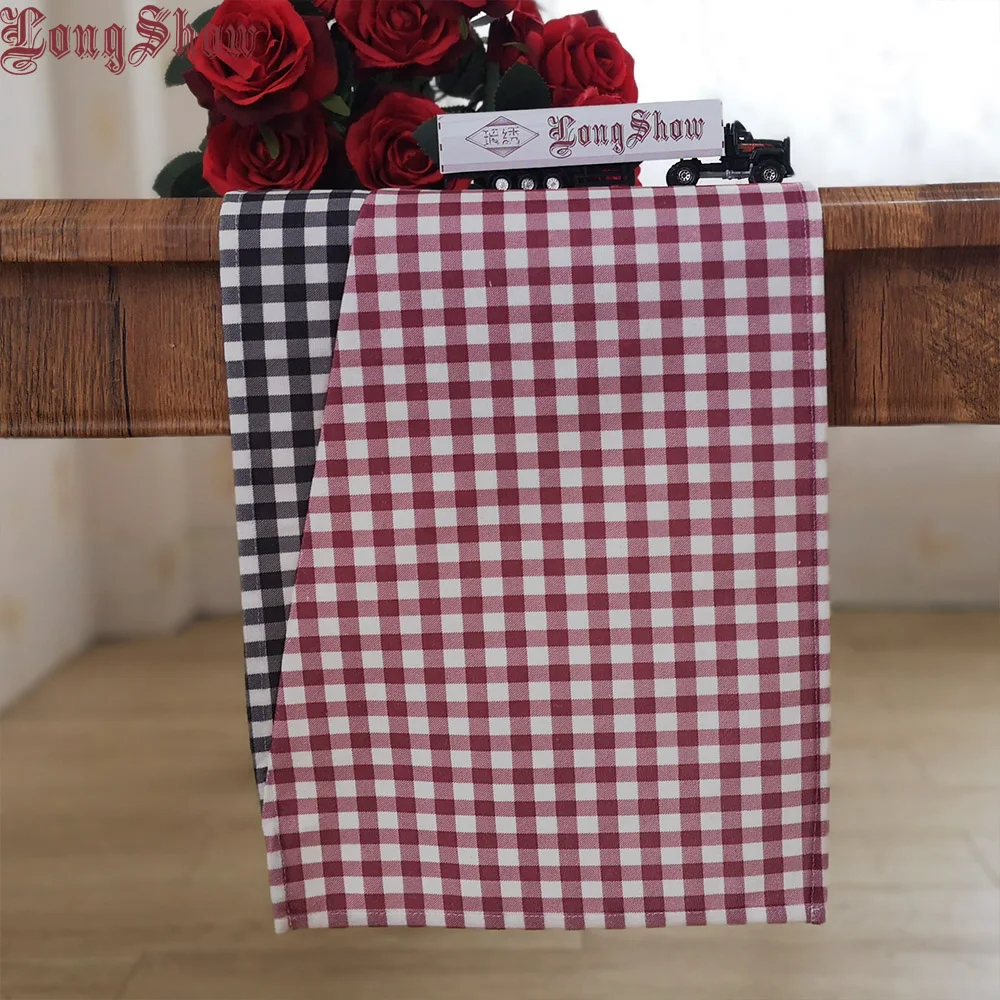 

Free Shipping Modern Style Pink Black Color Small Plaid Pattern Soft Plushed Patchwork Table Runner