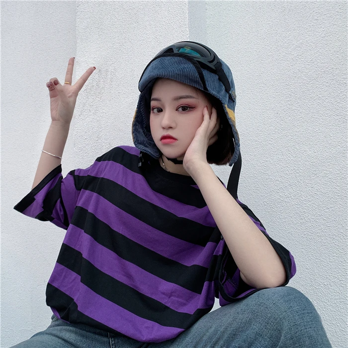 

YouGeMan 2019 Spring Summer Fashion Women T Shirt Korean Ulzzang Harajuku Vintage Striped Short Sleeve T-shirt Female Tee Tops