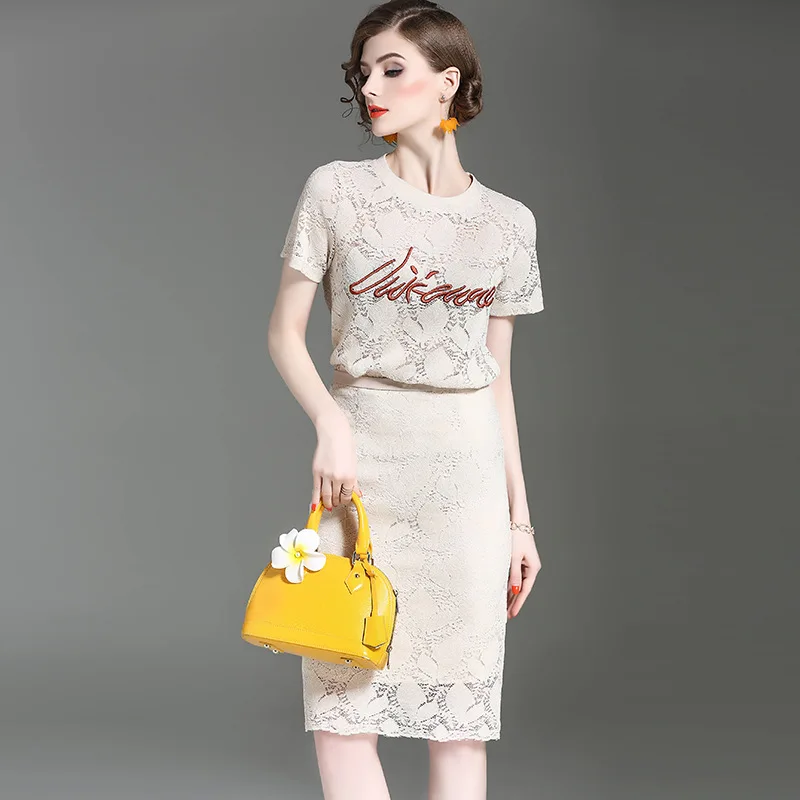 2017 Verão Runway Designer Set Moda Mulheres de Duas Peças de Roupas conjunto de Cartas de Manga Curta Top de Renda e Saia Lápis Terno conjunto