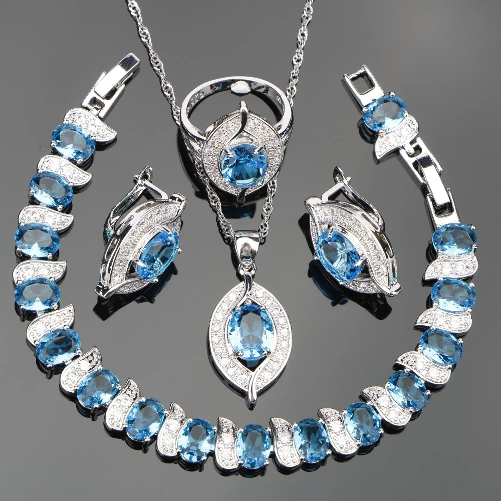 Light Blue Zirconia Silver 925 Costume Jewelry Sets Women Charms