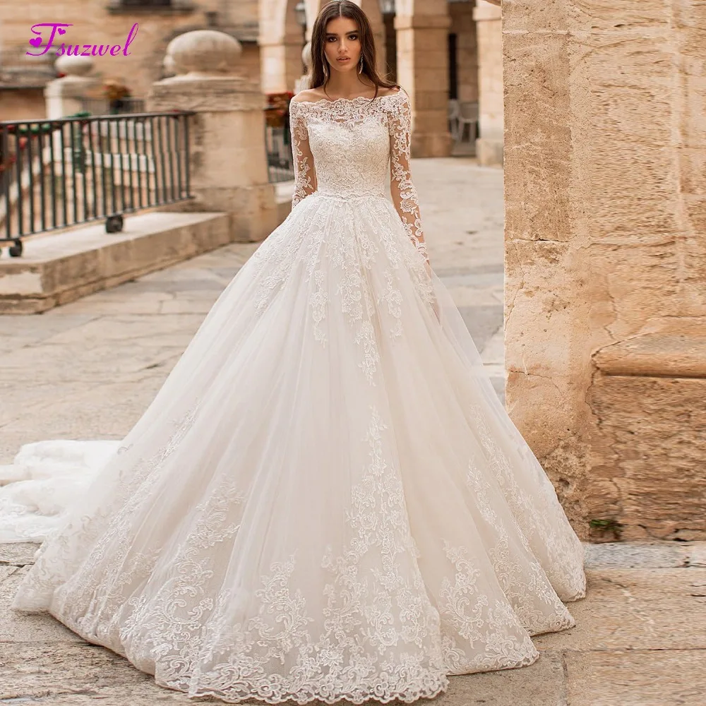 

Fsuzwel New Boat Neck Appliques Long Sleeve A-Line Wedding Dress 2019 Luxury Crystal Sashes Princess Bride Gown Vestido de Noiva