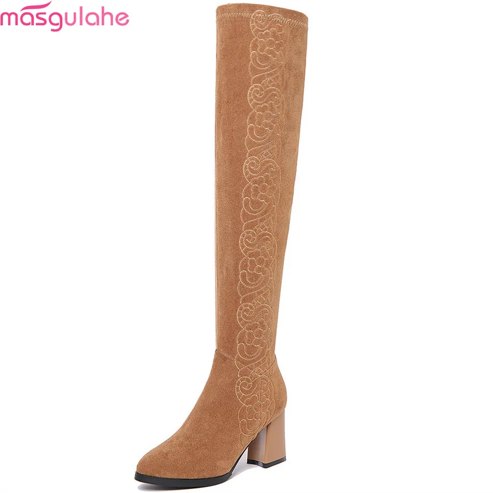 

Masgulahe fahsion new arrive women boots pointed toe zipper ladies cow suede boots black khaki leather over the knee boots