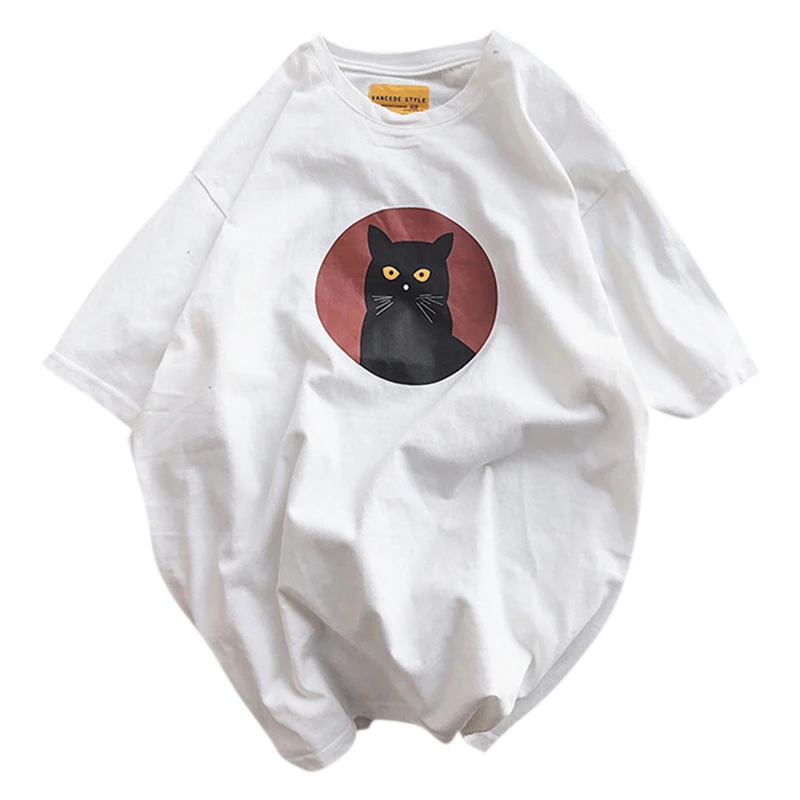 Милая хлопковая футболка с короткими рукавами и рисунком кота; женская летняя модная повседневная футболка больших размеров