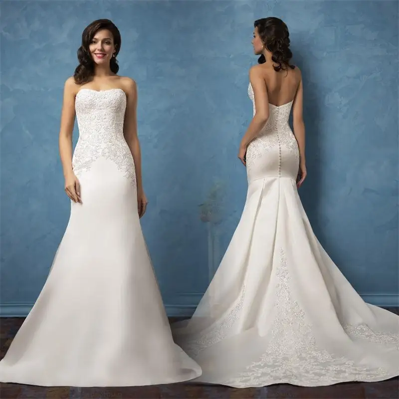 Strapless Satin Mermaid Wedding Dresses With Vintage Appliques Vestido ...