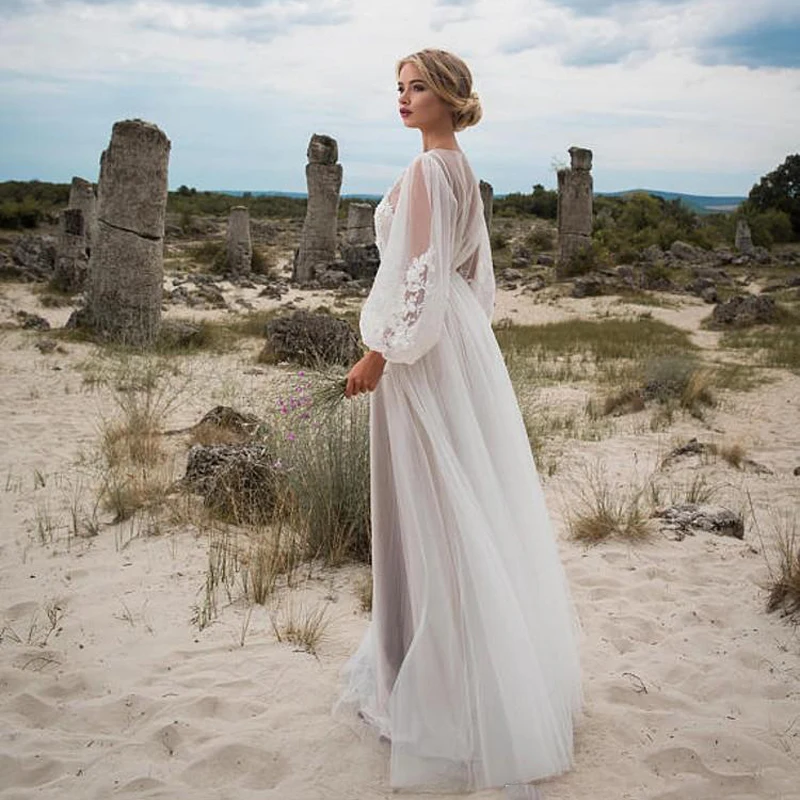 Boho Свадебное платье с длинными рукавами 2020 Robe de mariee Винтажный кружевной топ Новое