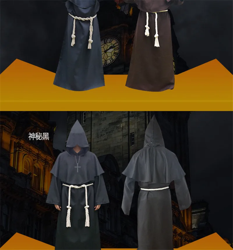Cosplay Costumes Men Monk Robe Halloween Mysterious Ancient Medieval Dress Monk Cosplay Suit Witch Costume Priest COS Clothing halloween looks