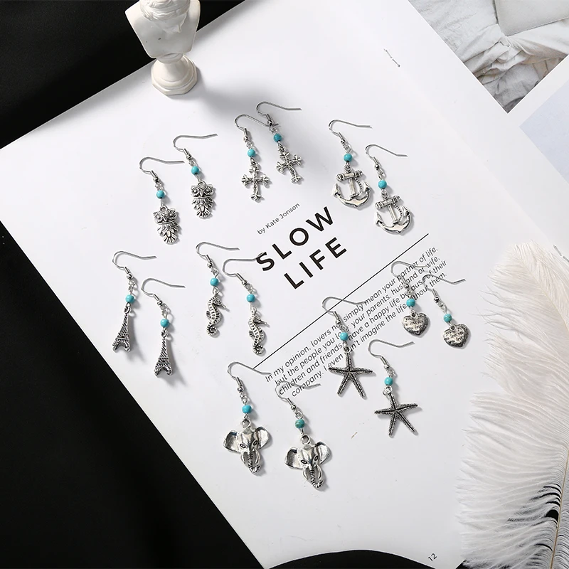 

8 Kinds Vintage Style Heart Iron Tower Seahorse Seastar Silver Dangle Earrings Drop Earrings For Women