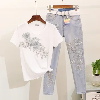 

Summer Pencil Pants Set Lady 2019 Fashion Embroidery Sequin Flower Short-sleeved T-shirt + Hole Jeans Two-piece Suit for Women