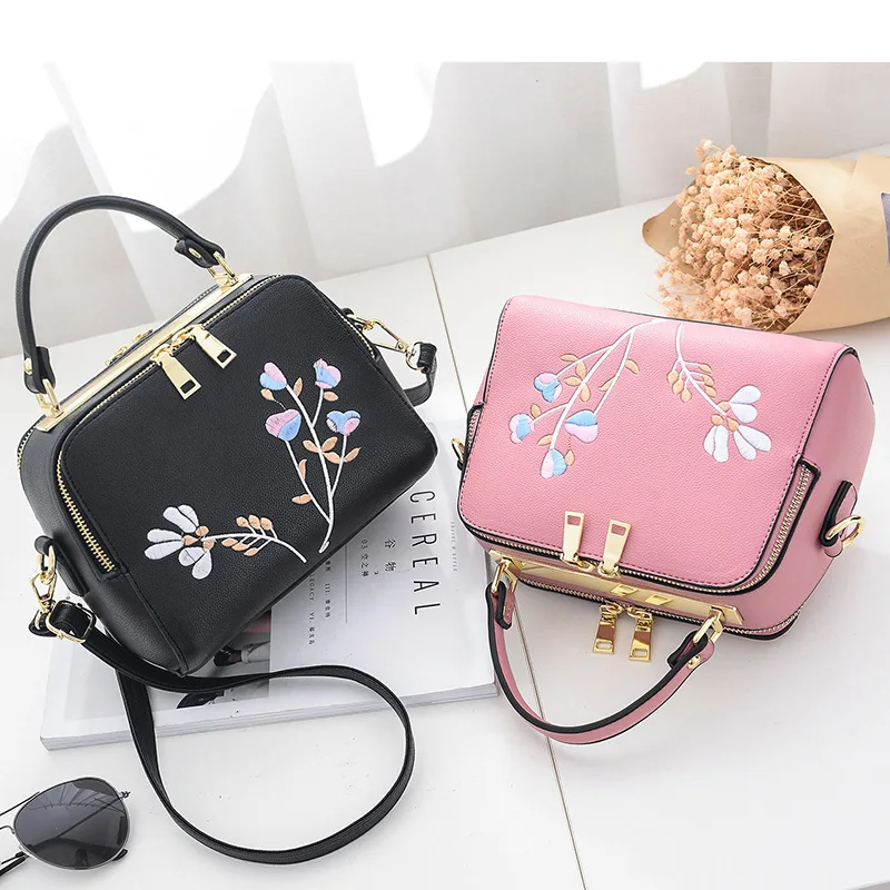 

New Brand Embroidery Handbag Top Handle Totes Women Floral Black Small Fashion Purse Lady Party Messenger Crossbody Handbags