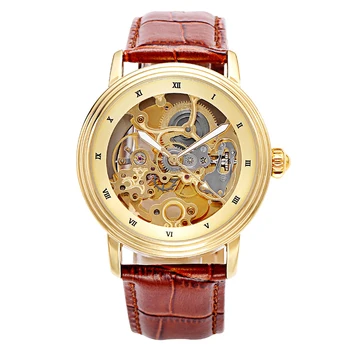 

Top Brand Luxury Automatic Mechanical Watch Men Skeleton Men Watch Gold Wristwatch Leather Band Mechanical Self-winding