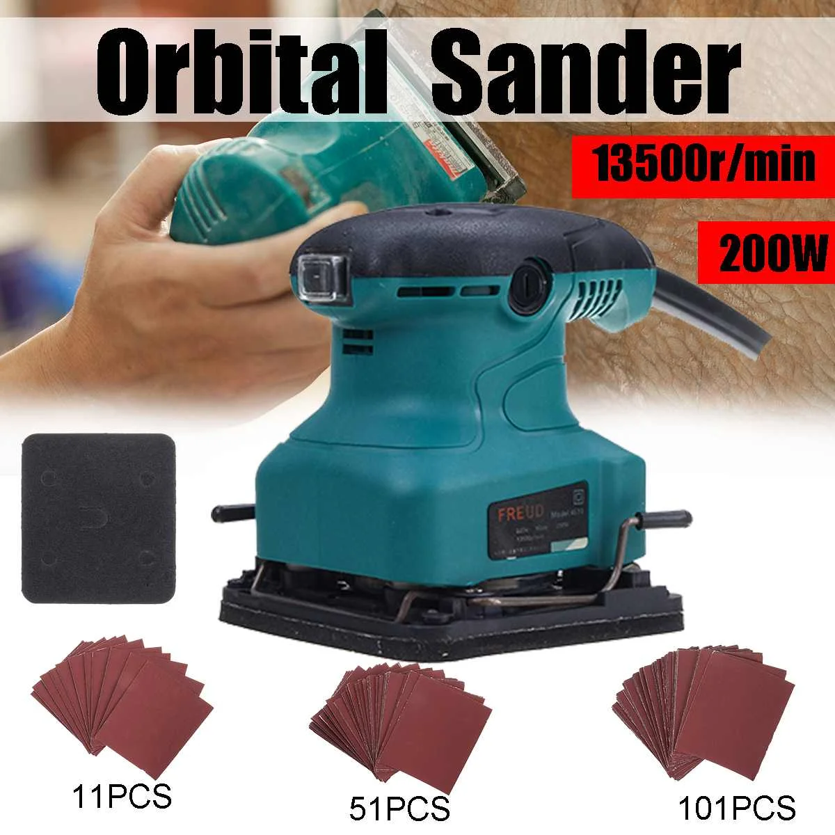 

200W 13500r/min Sander Machine 220V Electric Wood Orbital Sander Furniture Metal Polisher Grinding Machine 101Pcs Sandpapers