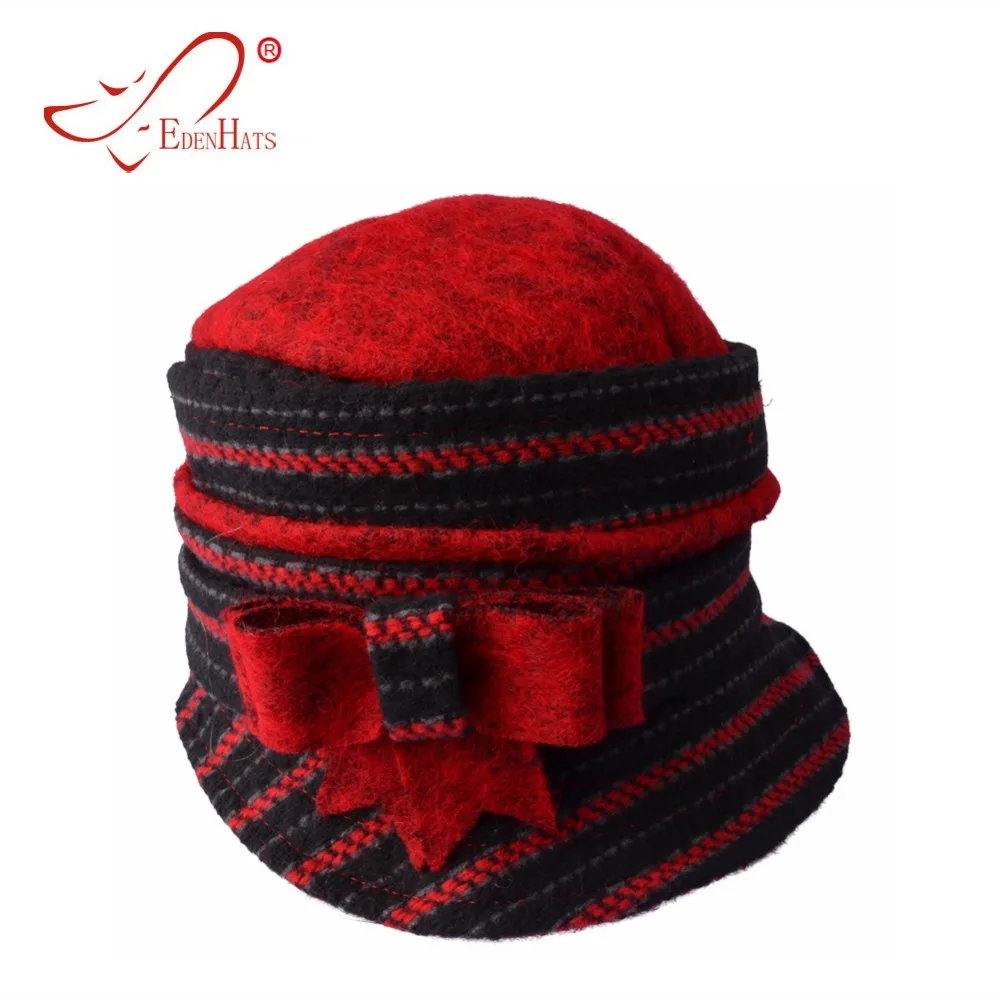 

Ladies Soft Wool Solid & Printed Cloche Hat with Flower W10-3193