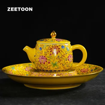

750ml Chinese Palace Style Qianlong Vintage Color Enamel Porcelain Teapot Tea Set Creative Gift Tea Pot Holder Kettle Tea Tray