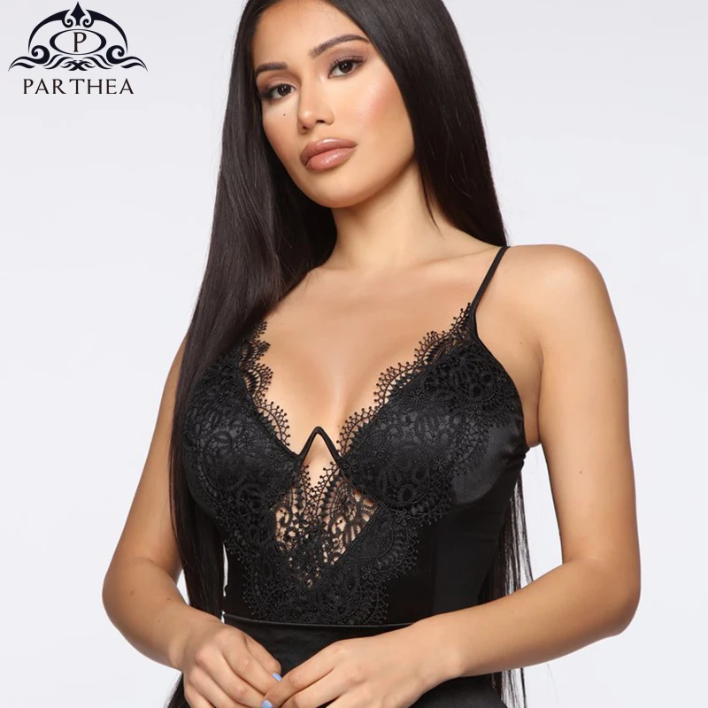 

Parthea Black Lace Bodysuit Women Sexy Hollow Out Mesh Stitching Elastic Slim Jumpsuit Summer V-neck See Through Body Mujer 2019