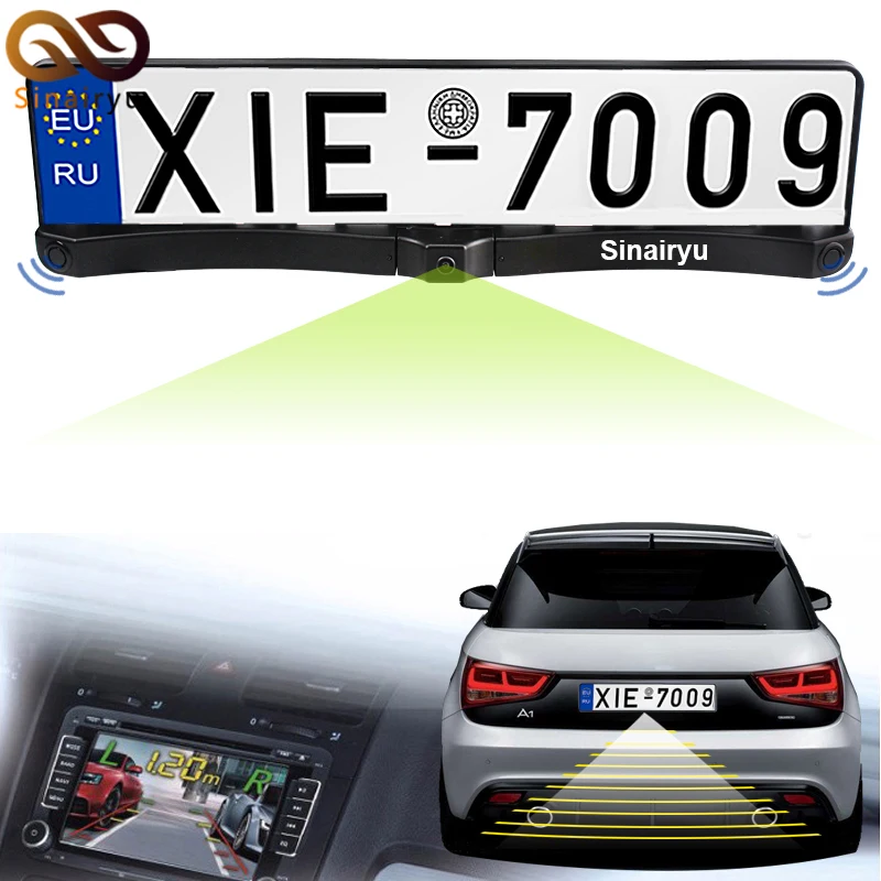 

3in1 New Night Vision European License Plate Frame Car Rear View Camera With Auto Parking Sensor Reverse Backup Radar System