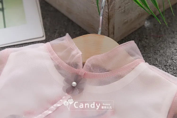 Для маленьких девочек с вышивкой; Персиковое платье с орнаментом из цветов лето детское платье принцессы в западном стиле Стиль Hanfu шаль ассиметричная юбка