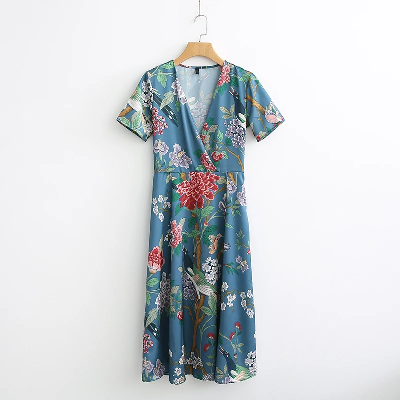 ShejoinSheenjoy Women Vintage Bird Floral Print Maxi Dress V neck Short Sleeve Side Zipper Retro Mid-Calf Casual Ladies Dresses (1)