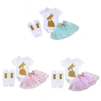 

3Pcs Summer Cute Baby Girls Dot Gauze Jumpsuit Rabbit Printed Short Sleeve Baby Romper+Mesh Tutu Skirt+Leg Warmers