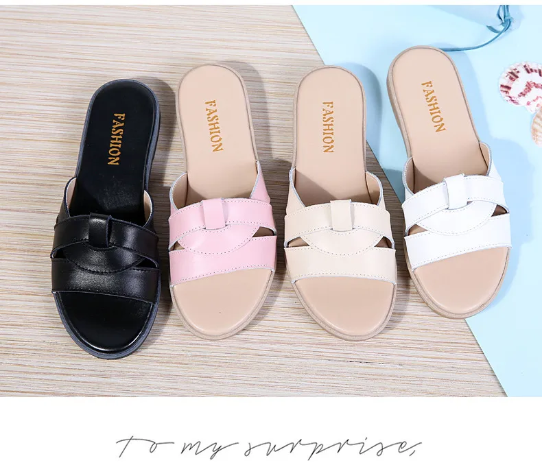 2019 Summer women slippers slip on round toe flat slides sandals women white black leather slippers flip flops slippers  (14)