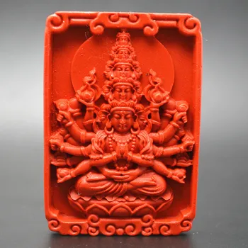 

Red Cinnabar Carved Thousand Hands Guanyin Buddha Square Stone Pendants