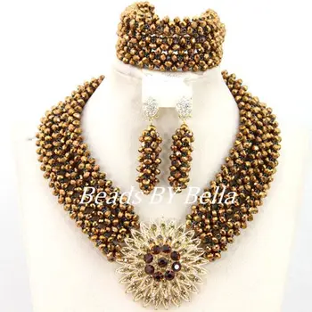 

Handmade Coffee Crystal Bridal Necklace Set African Beaded Party Jewelry Set Bridesmaid Gift Jewelry Set Free Shipping ABY412