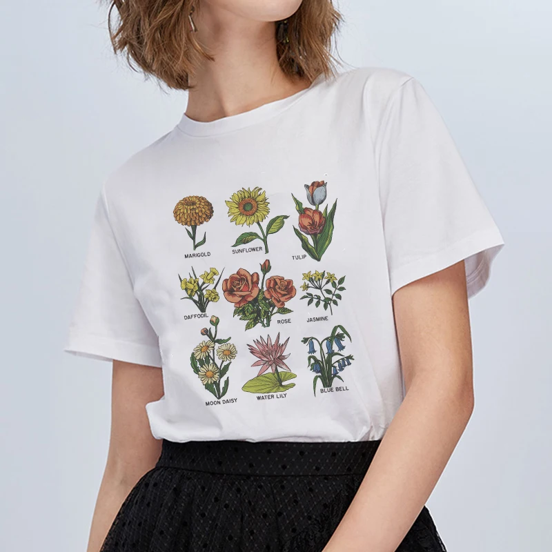 

Wildflower Graphic Tee t shirt Women Plant These Summer Tops Casual Bee Kind Pocket tshirt femme harajuku Vogue Floral clothes
