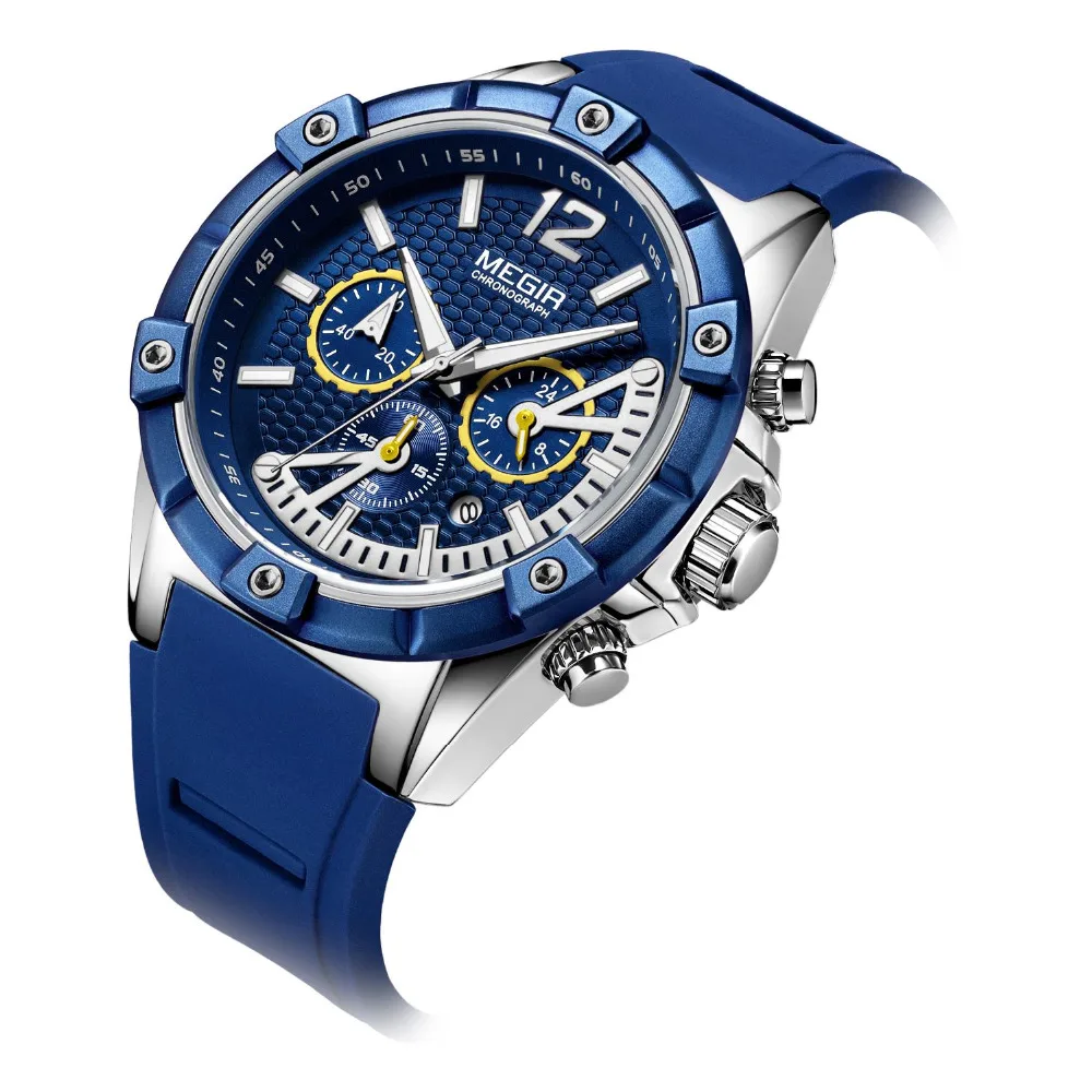 

MEGIR 2019 Top Brand Luxury Blue Watch Men Rubber Strap Luminous Hands Chronograph High Quality Fashion Sports Wristwatches