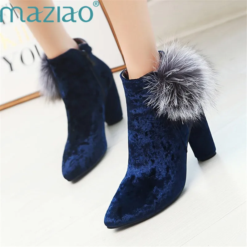 

Pointed Toe Female Winter Boots Velvet Ankle Boots for Women Square Heel Fluffy Sexy Short Platform Boots MAZIAO