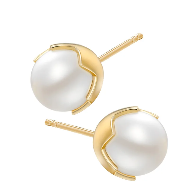 YWM 925 Sterling Silver Egg Shell Beads Golden Egg Pearl Stud Earrings Simple Earrings for Women Girls Fine Jewelry
