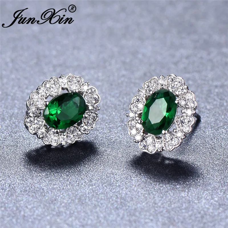 

JUNXIN 925 Sterling Silver Filled Oval Stud Earrings For Women Green/Blue CZ Heart Earrings Female Birthstone Wedding Jewelry