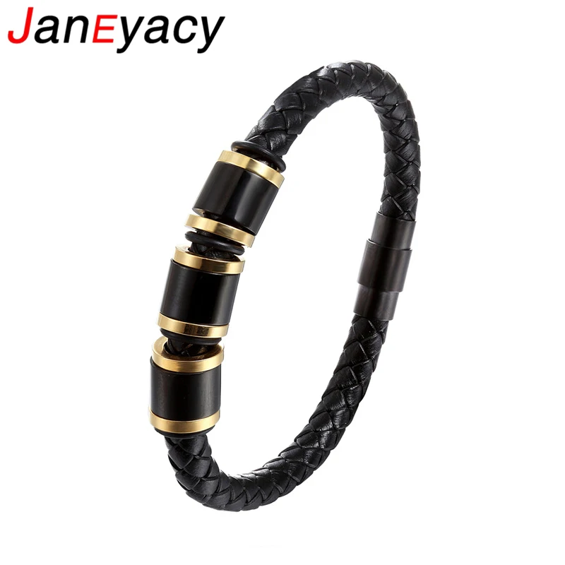 

Janeyacy 2018 Hand-knitted Stainless Steel Bracelet Women's Pulseira Fashion Black Leather Bracelet Magnetic Buckle Bracelet Men