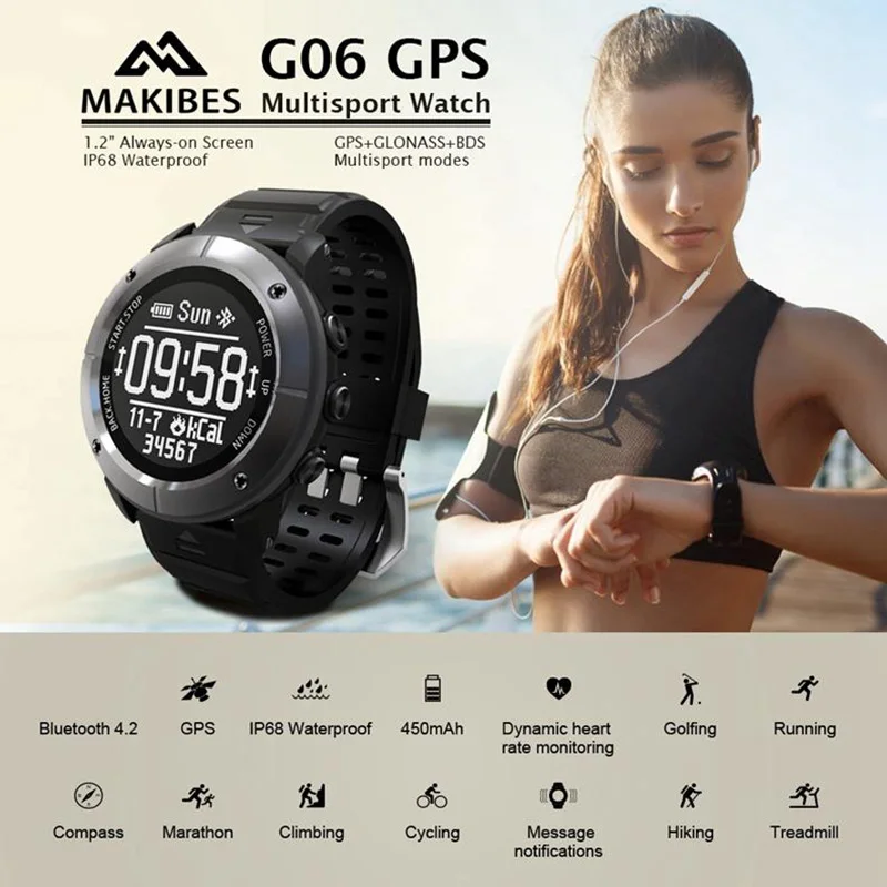 

Makibes G06 Smart Watch Multisport GPS Bluetooth Heart Rate Monitor Wristwatch IP68 Waterproof Activity Tracker for IOS Android