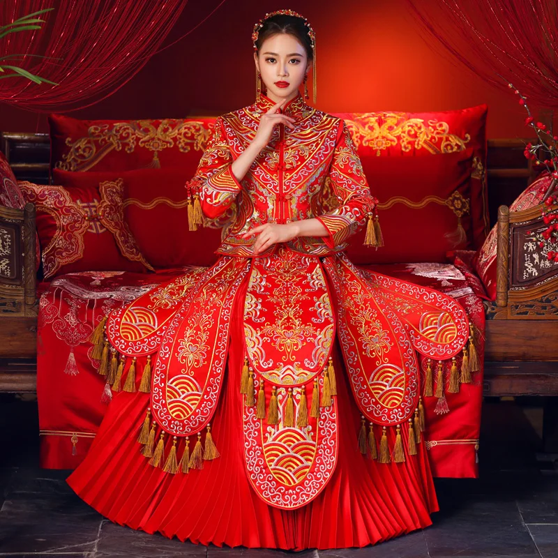 Красное свадебное платье в китайском стиле Cheongsam традиционная леди длинное Ципао Вышивка женское вечернее платье женственная одежда S-XXXL