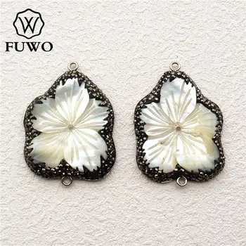 

FUWO Rhinestone Pave White Shell Carved Flower Connector Pendant High Quality Sea Shell For DIY Necklace Jewelry Making PD1510