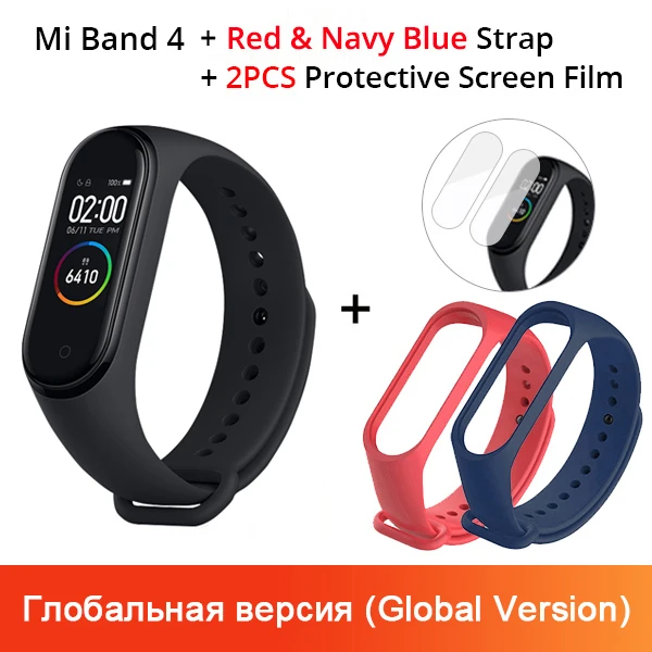 Глобальная версия Xiaomi Mi Band 4 Водонепроницаемый Фитнес-браслет трекер сердечного ритма цветной дисплей Bluetooth 5,0 135 мАч - Цвет: Add Red N Navy Blue