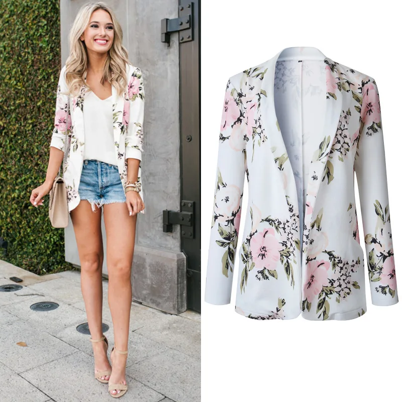 

Autumn Winter Womens Flower Print Long Sleeve Blazer Coat Casual Style Slim Top 2019 Fashion Office Lady Clothes Hot Sale Female