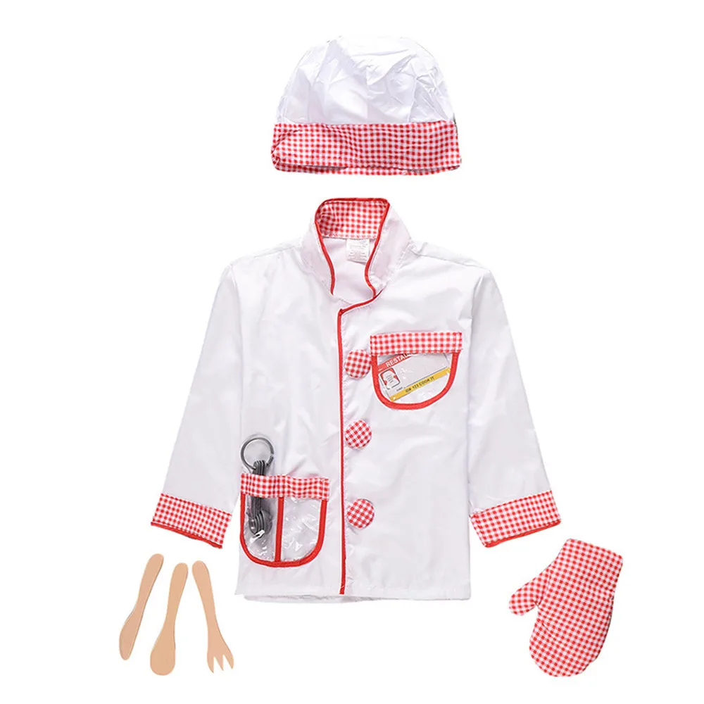 

New Kids Chef Costumes Cook's Clothing Boys Cosplay Chef Jacket Apron Hat Set Kitchen Uniform Girls Halloween dresses