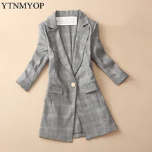 YTNMYOP весенне-осенний женский серый клетчатый офисный Женский блейзер модный костюм куртки элегантные деловые Блейзеры Feminino