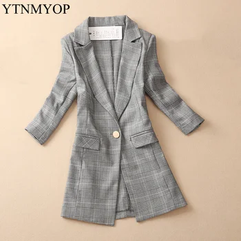 

YTNMYOP 2019 New Spring And Autumn Women Gray Plaid Office Lady Blazer Fashion Suit Jackets Elegant Work Blazers Feminino