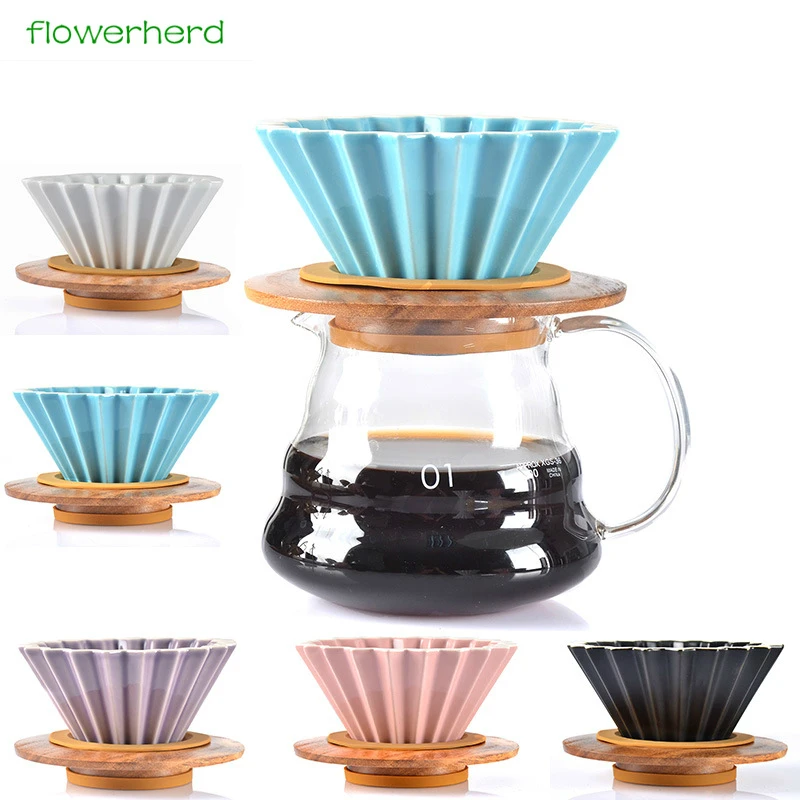 

V60 Origami Shape Coffee Drip Filter Cup Permanent Pour Over Coffee Maker with Separate Stand Ceramic Coffee Dripper Engine