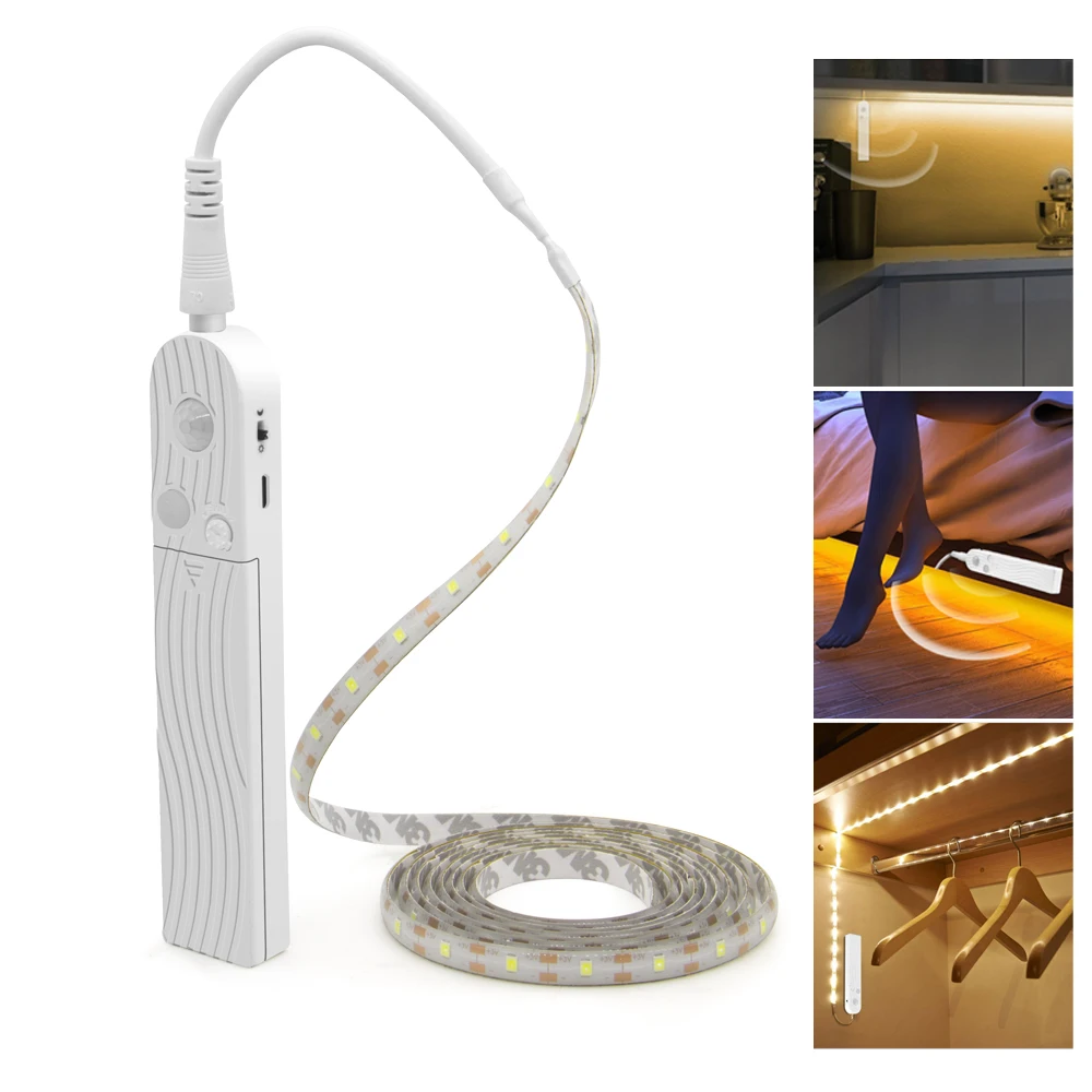 LED Cabinet Light Motion Sensor 1M 2M 3M Under Bed Stair Wardrobe Tape Waterproof 5V USB LED Strip Closet Kitchen Night Lamp