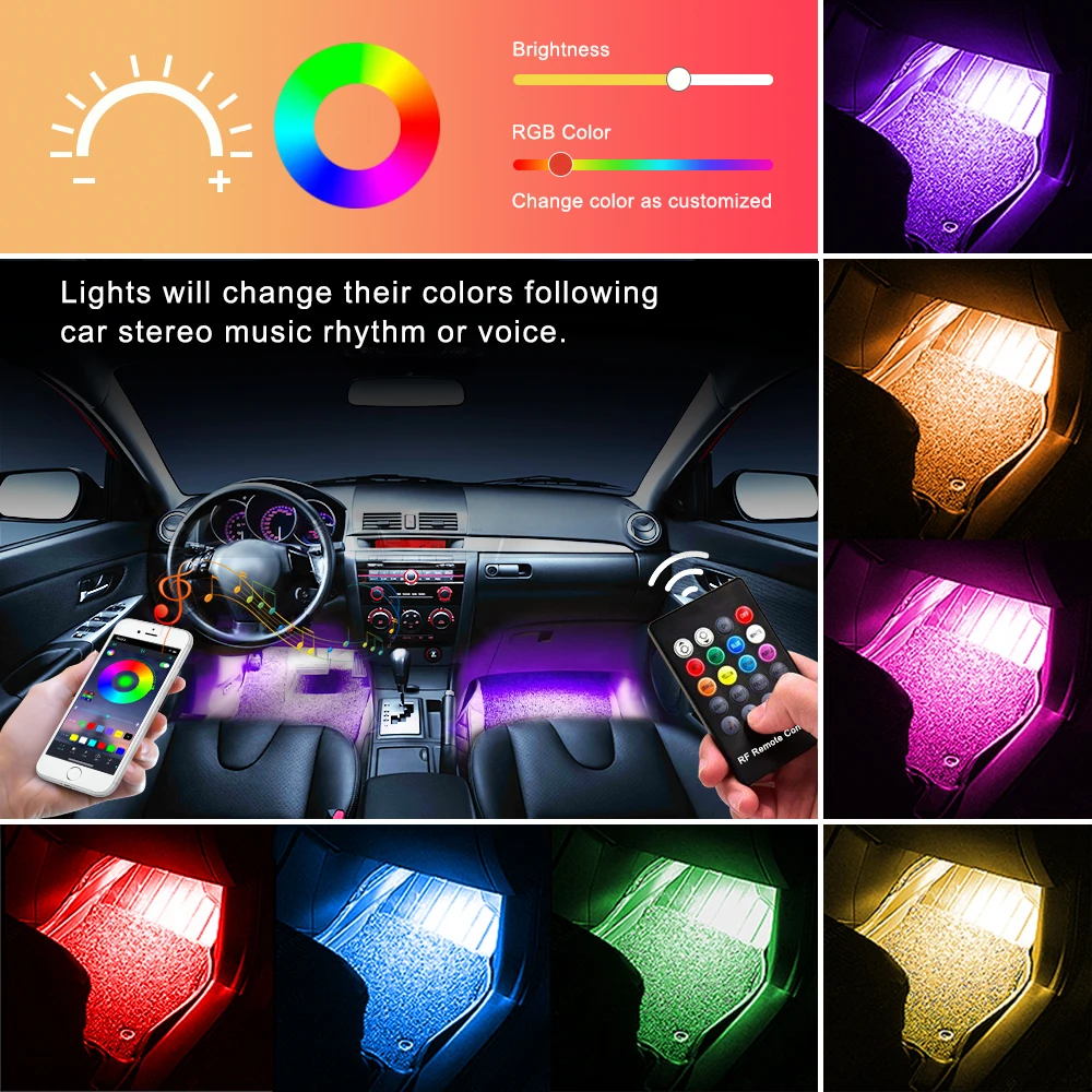 APP Control RGB LED Strip Automobile Atmosphere Lamp Car Decorative Ambient Lights 5050 48SMD Car Interior Light with Remote 12V