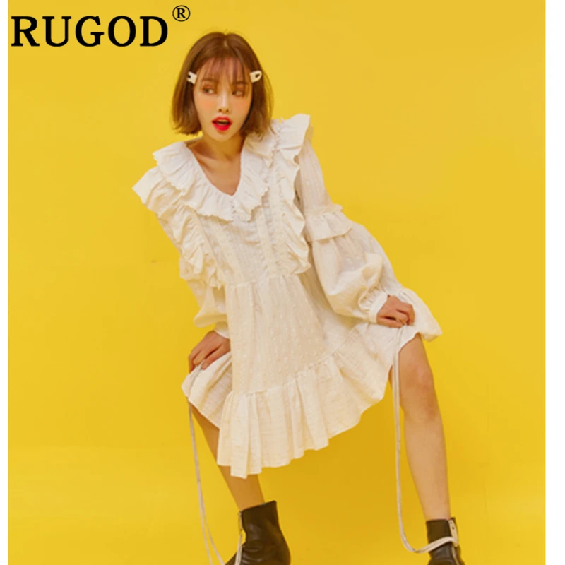 RUGOD Элегантное Белое Женское платье с оборками модное рукавом-фонариком