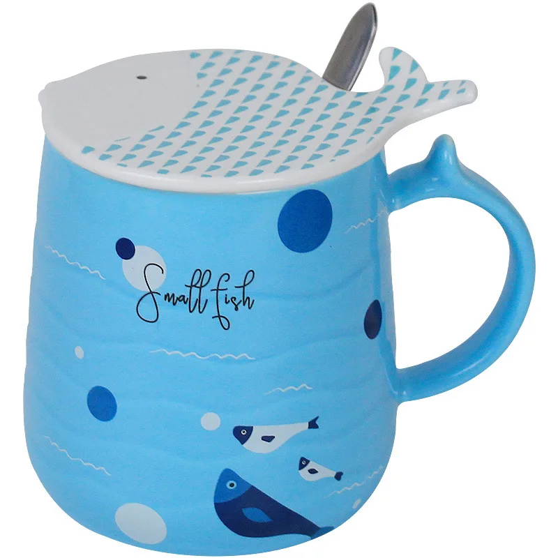 Literary fresh fish ceramic cup with lid spoon cute simple mug (5)