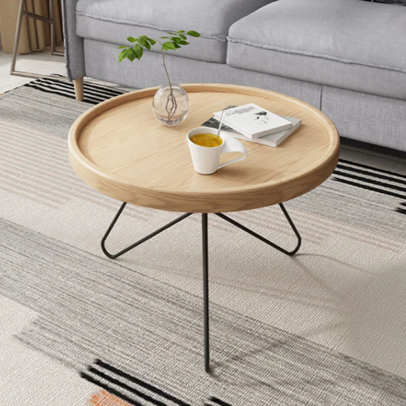 Solid Wood Coffee Table Metal Round End Table for Living Room Side Table