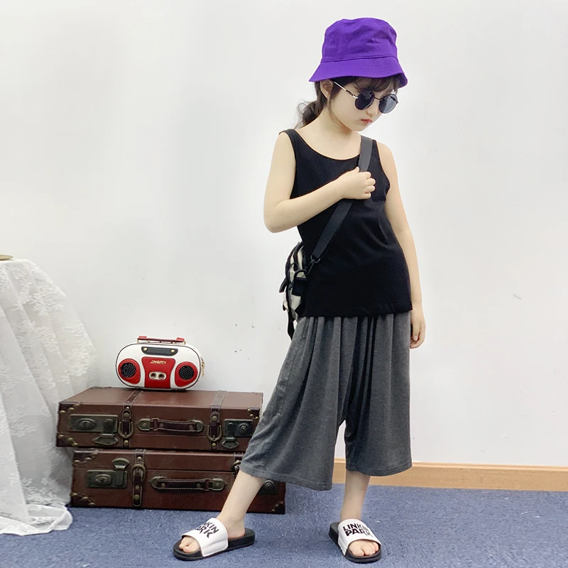 

Girls Suit Summer 2019 New Sleeveless vest T-shirt Loose Leisure Seven-cent Broad-legged Pants Kids Two-piece Suit
